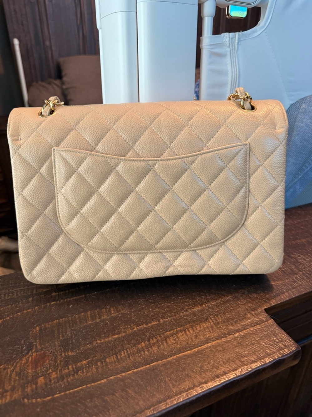 CHANEL Quilted Beige Caviar Leather Double Flap Shoulder Bag with Gold Hardware - Picture 3 of 11